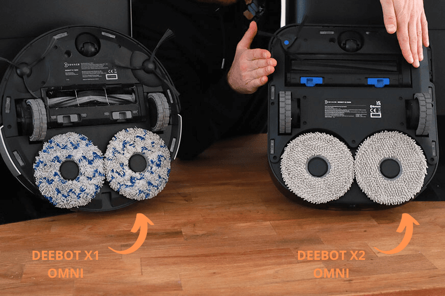 Die breitere Hauptbürste des ECOVACS DEEBOT X2 OMNI ist im Vergleich zu der Hauptbürste des DEEBOT X1 OMNI zu sehen.